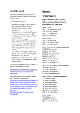 Results a Fantastic Few Weeks for the Club with So Many Excellent Performances Right Through Cross Country the Age Groups