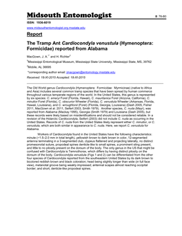 Report the Tramp Ant Cardiocondyla Venustula (Hymenoptera: Formicidae) Reported from Alabama