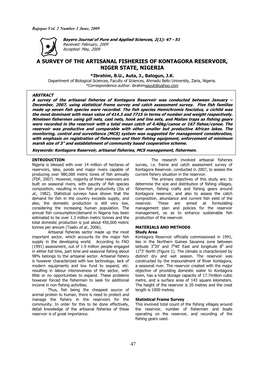 A Survey of the Artisanal Fisheries of Kontagora Reservoir, Niger State, Nigeria