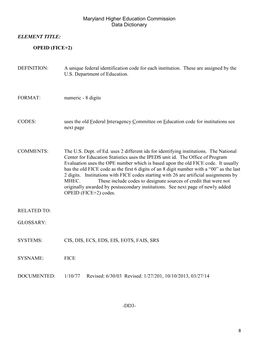 Maryland Higher Education Commission Data Dictionary ELEMENT TITLE: OPEID (FICE+2) DEFINITION: a Unique Federal Identification