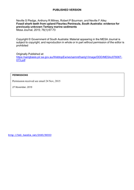 Fossil Shark Teeth from Upland Fleurieu Peninsula, South Australia: Evidence for Previously Unknown Tertiary Marine Sediments Mesa Journal, 2015; 76(1):67-73
