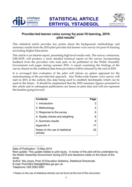 Provider-Led Learner Voice Survey for Post-16 Learning, 2010: Pilot Results1