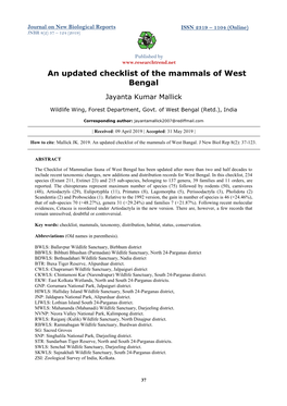 An Updated Checklist of the Mammals of West Bengal
