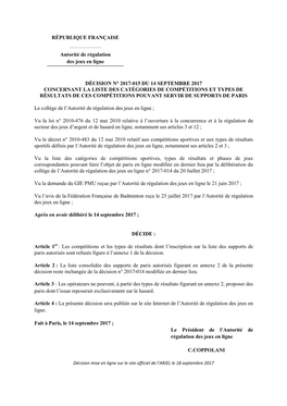 Autorité De Régulation Des Jeux En Ligne DÉCISION N° 2017-015