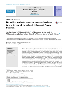 Do Habitat Variables Correlate Anuran Abundance in Arid Terrain of Rawalpindi–Islamabad Areas, Pakistan?