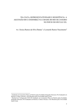 Tia Ciata, Representatividade E Resistência: a Ascensão Do Candomblé Na Cidade Do Rio De Janeiro No Início Do Século Xx