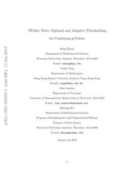 Tfisher Tests: Optimal and Adaptive Thresholding for Combining $ P