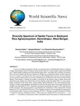 Diversity Spectrum of Spider Fauna in Backyard Rice Agroecosystem, Narendrapur, West Bengal, India