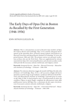 The Early Days of Opus Dei in Boston As Recalled by the First Generation (1946-1956)