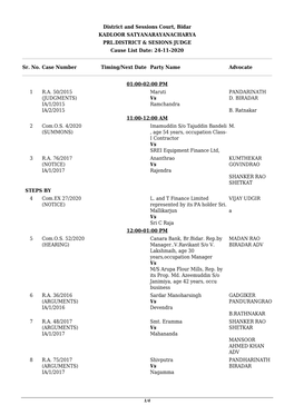 District and Sessions Court, Bidar KADLOOR SATYANARAYANACHARYA PRL.DISTRICT & SESIONS JUDGE Cause List Date: 24-11-2020