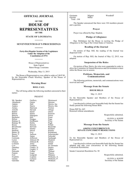 House of Representatives Suspension of the Rules State Capitol on Motion of Rep