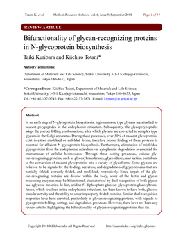 Bifunctionality of Glycan-Recognizing Proteins in N-Glycoprotein Biosynthesis Taiki Kuribara and Kiichiro Totani*