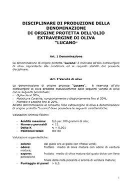 Disciplinare Di Produzione Della Denominazione Di Origine Protetta Dell’Olio Extravergine Di Oliva “Lucano”