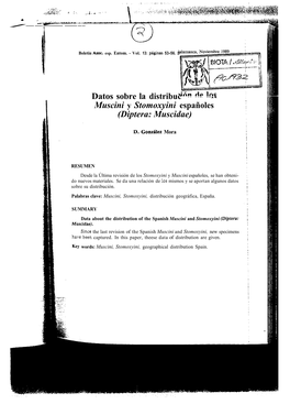 Muscini Y Stomoxyini Españoles (Diptera: Muscidae) Datos Sobre La Distribuc