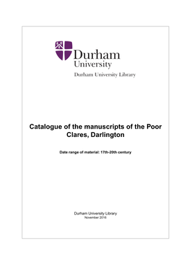 Catalogue of the Manuscripts of the Poor Clares, Darlington