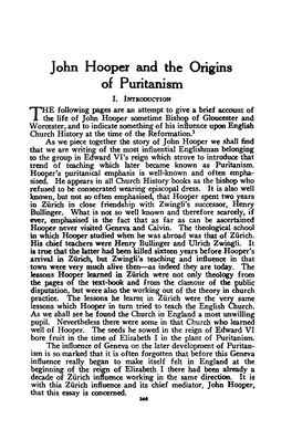 John Hooper and the Origins of Puritanism I