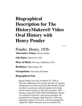 Biographical Description for the Historymakers® Video Oral History with Henry Ponder