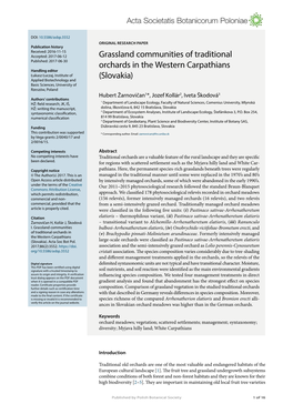 Grassland Communities of Traditional Orchards in the Western Carpathians (Slovakia)