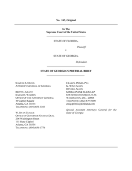 No. 142, Original in the Supreme Court of the United States STATE of FLORIDA, Plaintiff, V. STATE of GEORGIA, Defendant. STATE