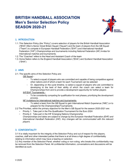 BRITISH HANDBALL ASSOCIATION Men's Senior Selection Policy