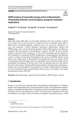 SWOT Analysis of Renewable Energy Sector in Mazowieckie Voivodeship (Poland): Current Progress, Prospects and Policy Implications