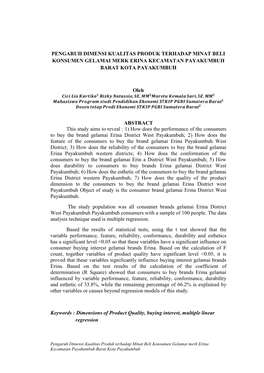 Pengaruh Dimensi Kualitas Produk Terhadap Minat Beli Konsumen Gelamai Merk Erina Kecamatan Payakumbuh Barat Kota Payakumbuh