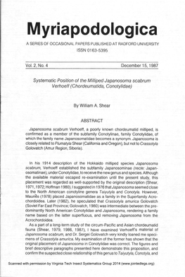 Systematic Position of the Milliped Japanosoma Scabrum Verhoeff (Chordeumatida, Conotylidae)