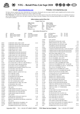 NTG – Retail Price List Sept 2020