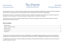 The Pianist 506-440-4682 COMPLETE SONG LIST Nathanielpiano@Gmail.Com