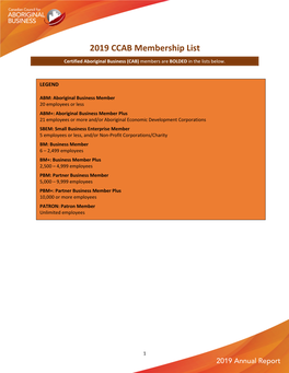 2019 CCAB Membership List Certified Aboriginal Business (CAB) Members Are BOLDED in the Lists Below