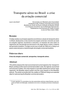 Transporte Aéreo No Brasil: a Crise Da Aviação Comercial