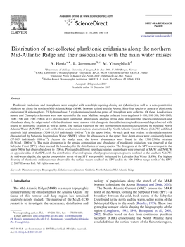 Distribution of Net-Collected Planktonic Cnidarians Along the Northern Mid-Atlantic Ridge and Their Associations with the Main Water Masses