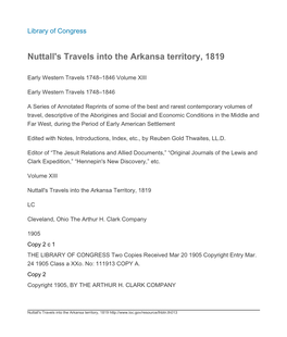 Nuttall's Travels Into the Arkansa Territory, 1819