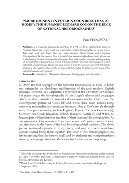 The Humanist Leonard Cox on the Edge of National Historiographies∗