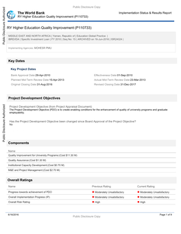 The World Bank Implementation Status & Results Report RY Higher Education Quality Improvement (P110733)