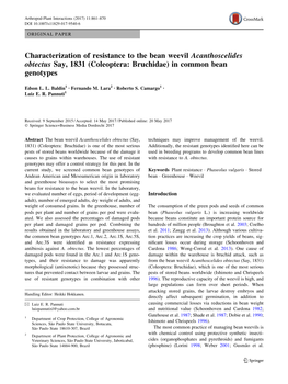 Characterization of Resistance to the Bean Weevil Acanthoscelides Obtectus Say, 1831 (Coleoptera: Bruchidae) in Common Bean Genotypes