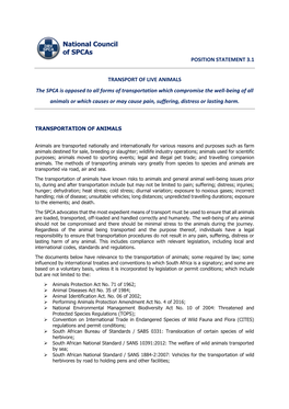 Position Statement 3.1 Transport of Live Animals