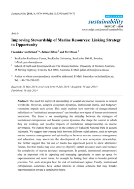 Improving Stewardship of Marine Resources: Linking Strategy to Opportunity