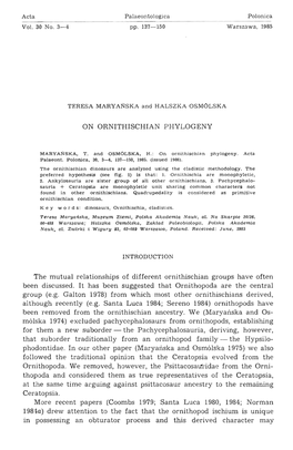 ON ORNITHISCI-IIAN PHYLOGENY the Mutual Relationships of Different