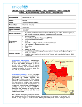 Distribution of Long Lasting Insecticide Treated Mosquito Nets (LLIN) for Swimming Against Malaria – August 2007