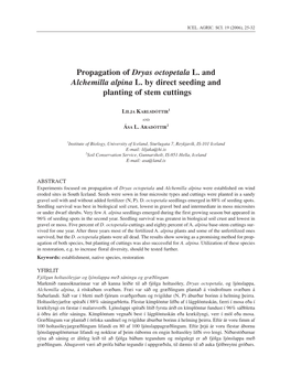 Propagation of Dryas Octopetala L. and Alchemilla Alpina L. by Direct Seeding and Planting of Stem Cuttings