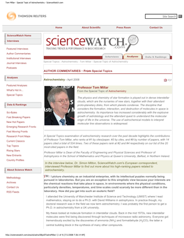 Tom Millar - Special Topic of Astrochemistry - Sciencewatch.Com