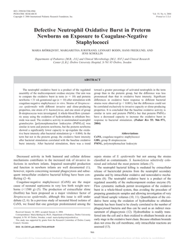 Defective Neutrophil Oxidative Burst in Preterm Newborns on Exposure to Coagulase-Negative Staphylococci