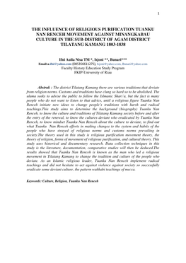 The Influence of Religious Purification Tuanku Nan Renceh Movement Against Minangkabau Culture in the Sub-District of Agam District Tilatang Kamang 1803-1838