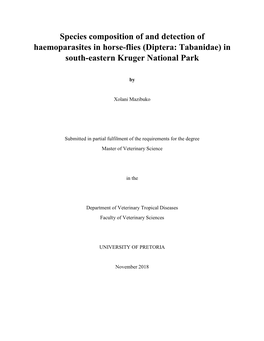 Species Composition of and Detection of Haemoparasites in Horse-Flies (Diptera: Tabanidae) in South-Eastern Kruger National Park