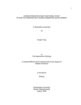 Characterization and Functional Study of Dna Polymerase Beta During Zebrafish Development