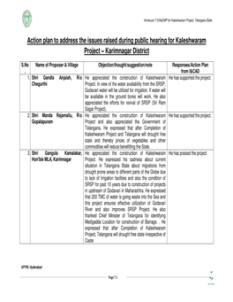 Action Plan to Address the Issues Raised During Public Hearing for Kaleshwaram Project – Karimnagar District