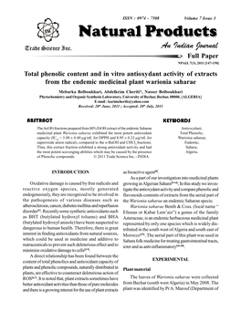 Total Phenolic Content and in Vitro Antioxydant Activity of Extracts from the Endemic Medicinal Plant Warionia Saharae