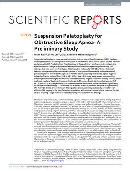 Suspension Palatoplasty for Obstructive Sleep Apnea- a Preliminary Study Received: 22 November 2017 Hsueh-Yu Li1,2, Li-Ang Lee1,2, Eric J