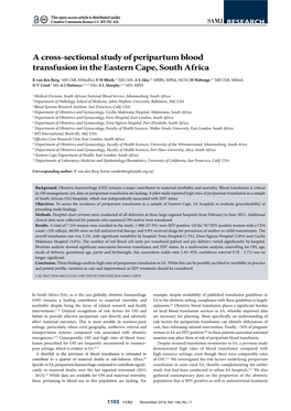 A Cross-Sectional Study of Peripartum Blood Transfusion in the Eastern Cape, South Africa